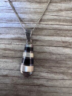 Sterling Silver Onyx Mother Pearl Inlay Pendant Necklace 925 Italy 18” Chain